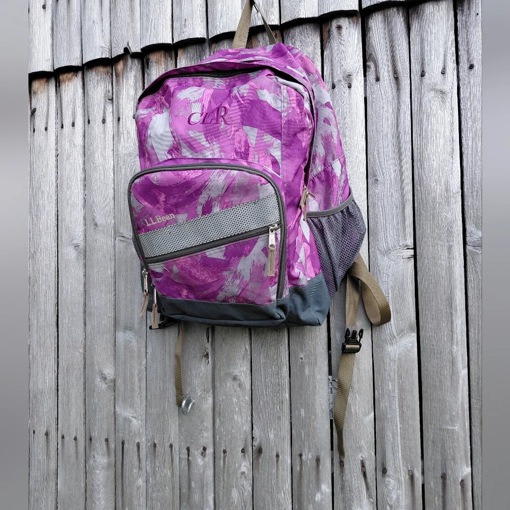 LL Bean black raspberry gray & magenta multi pocket nylon hiking school backpack
